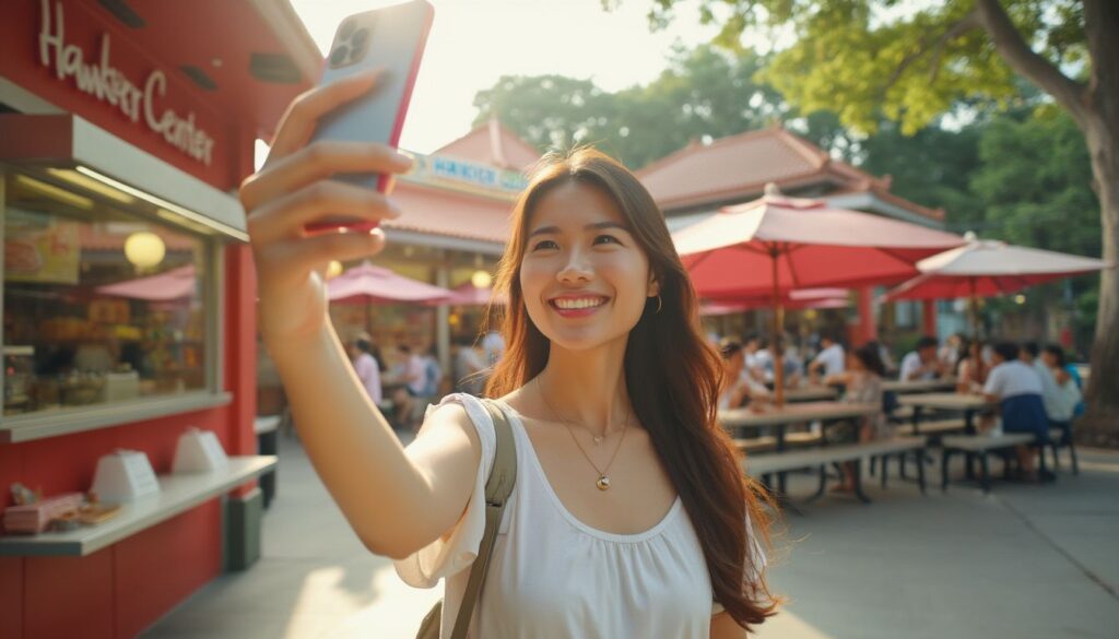 lady taking selfie at a hawker center in Singapore