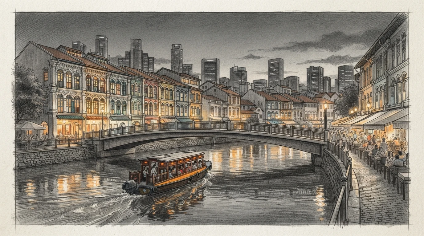 Pencil sketch of shophouses, river cruise, and bridge