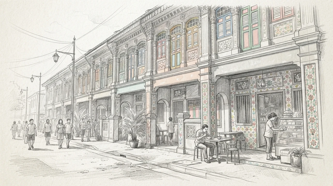 Pastel Peranakan shophouses on a sunny Singapore street